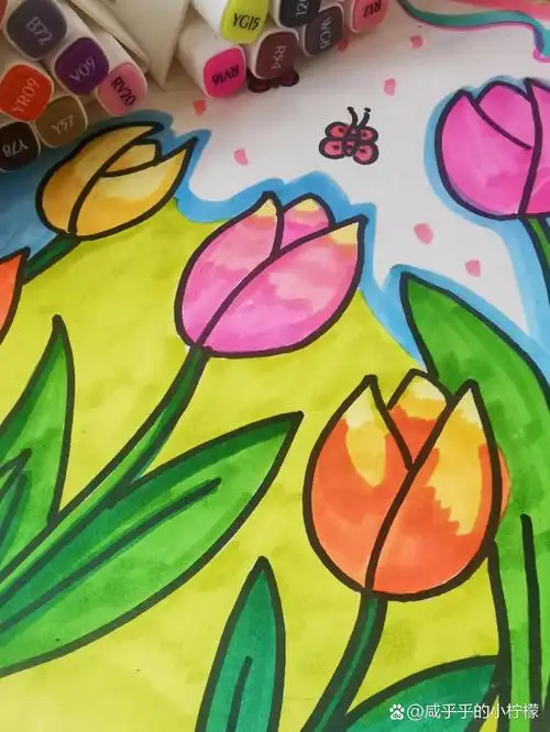 幼儿创意美术:郁金香93 适合大班绘画  郁金香的形状简单 注意前后