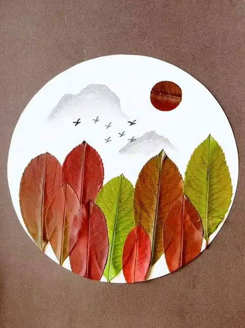 树叶贴画山水风景画