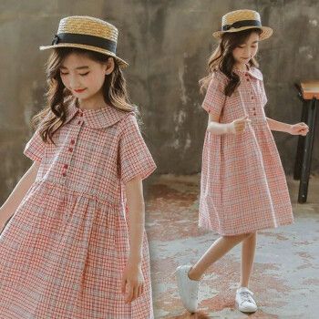 趣妮熊女童夏季连衣裙适合3到14岁小女孩穿的新款高腰宽松短袖格子裙