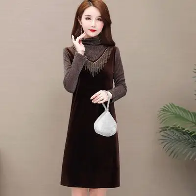 连衣裙冬装2020新款女长袖加绒加厚金丝绒打底裙大码气质裙