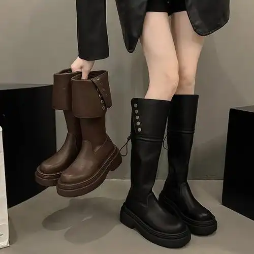 复古棕色美式粗跟厚底长筒靴女2024秋季新款爆款增高显瘦骑士靴子