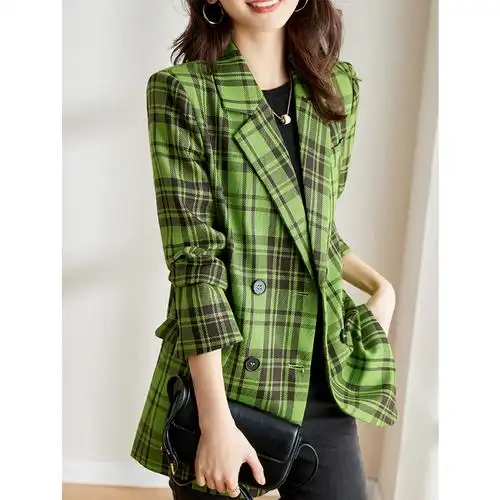 格子西装外套女早春2022新款气质时尚高级设计感小众春秋绿色西服