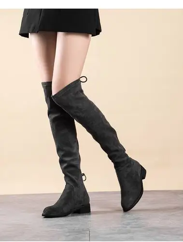 奥康女鞋 冬季新款过膝靴粗跟系带加绒弹力瘦瘦靴长筒女靴_有20元优惠