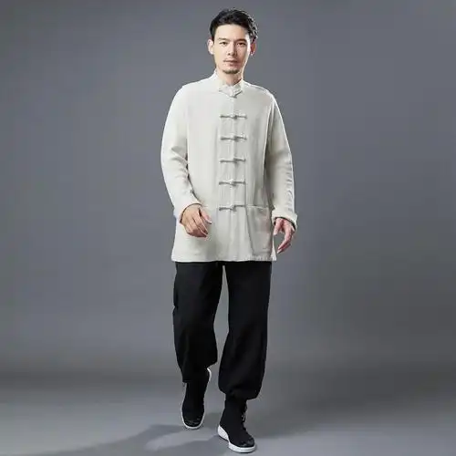 秋季苎麻对襟衬衫中国风汉服外套男宽松休闲青年立领盘扣粗麻上衣