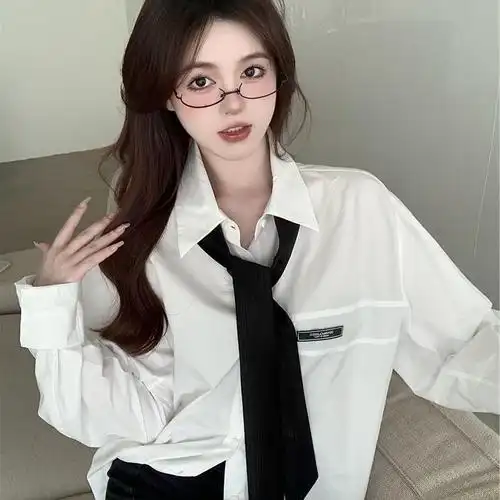 帒印服装---懒个性黑领带撞色长袖白衬衫宽松显瘦外套衬衣