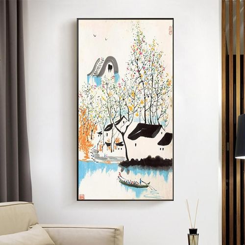 吴冠中玄关装饰画正对门挂画过道走廊尽头新中式壁画江南水乡