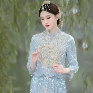 秀禾服2022新娘夏季结婚薄款冰蓝色重工流苏年轻款中式古装嫁衣