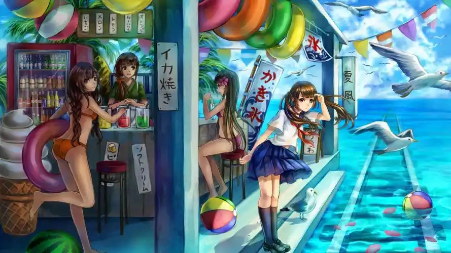 夏天,海风,蓝天,冷饮店,女孩,美少女,水上火车,海鸥,动漫壁纸