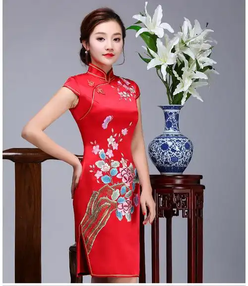 蓝月星辰红色重磅真丝刺绣旗袍 - 花雕美图苑 - 花雕美图苑