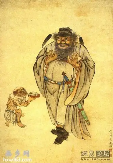 有一张很经典的钟馗画 作者的 拿着毛笔 一个小鬼跪在他脚下 背景是土