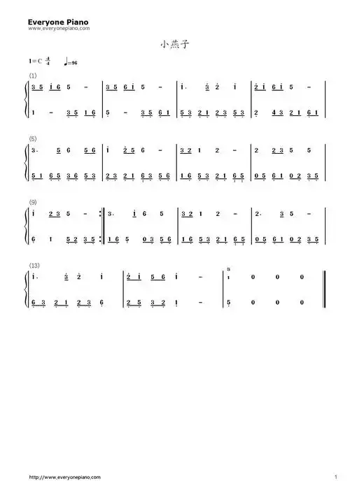 小燕子双手简谱预览1-钢琴谱文件(五线谱,双手简谱,数字谱,midi,pdf)