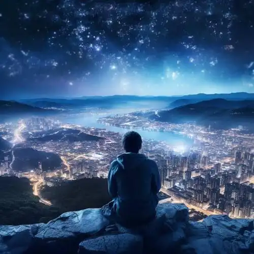 深夜男人山顶独自面对城市喧嚣灯火男生背影头像 ai孤独感星空下失恋