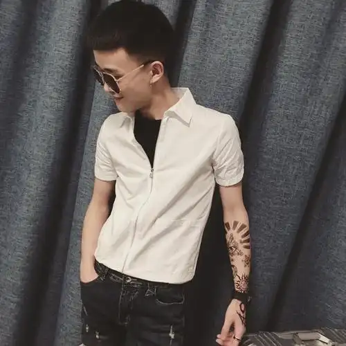 短袖男衬衫社会人韩版修身精神小伙拉链衬衣时尚帅气时尚潮流帅t