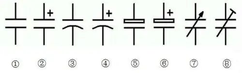 ②-⑥有极性电容,电解电容符号,弯片为负极,空心为正极.
