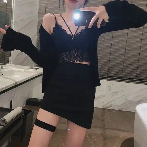 in mimiface内搭吊带黑色蕾丝外穿性感辣妹女法式气质v领背心上衣