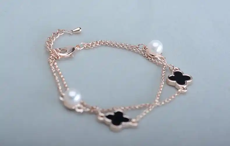 蒂莲珍珠 四叶草珍珠手链手镯 淡水珍珠 铜镀金手链