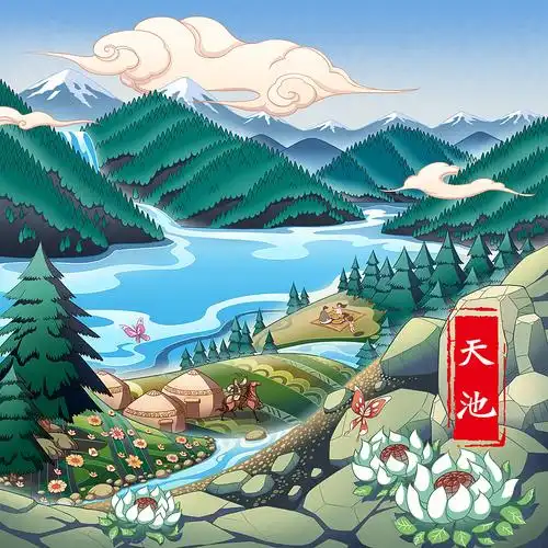 新疆名胜-天山天池|插画|商业插画|tuteng000001 - 原创作品 - 站酷