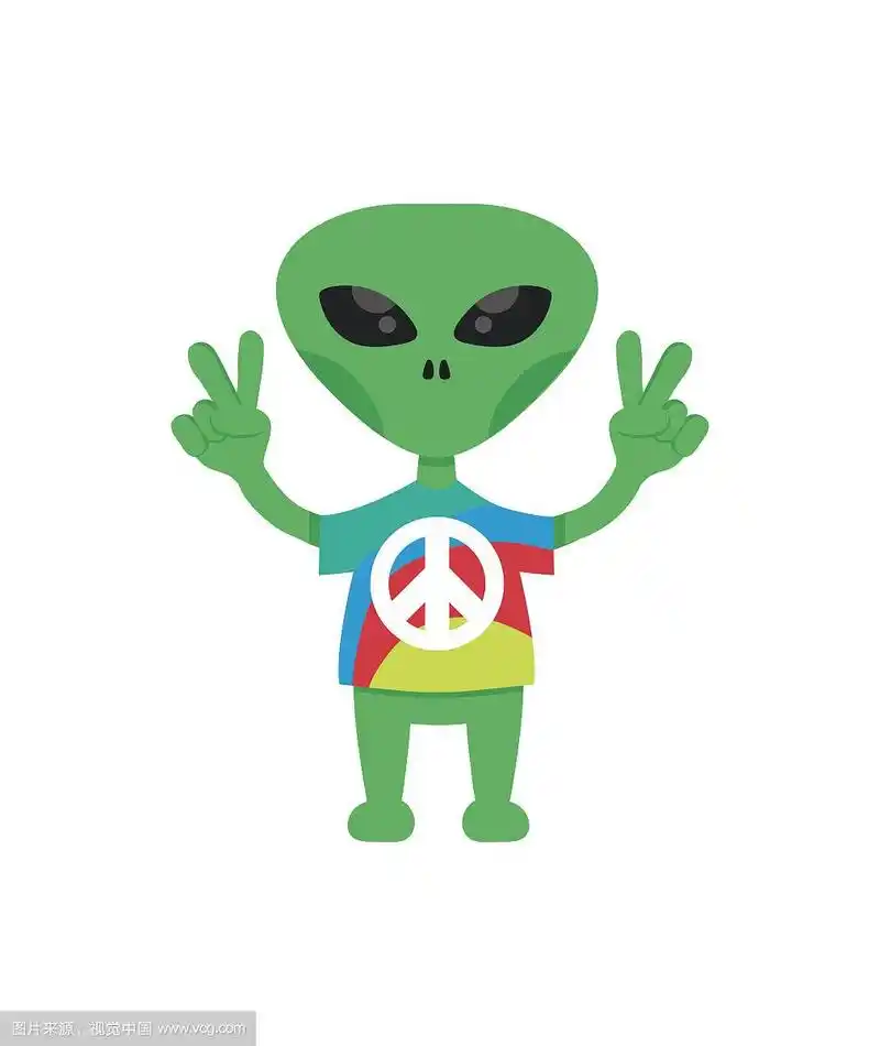 友好的嬉皮士外星人扁平卡通人物.在和平