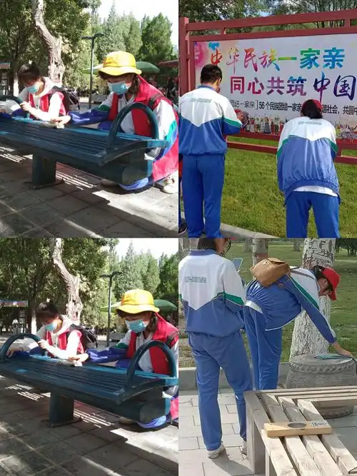 (图为银川二中学生正在擦拭公共设施)