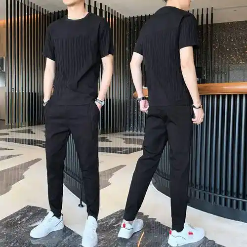 花花公子男士套装夏季冰丝男装夏装搭配帅气一套t恤