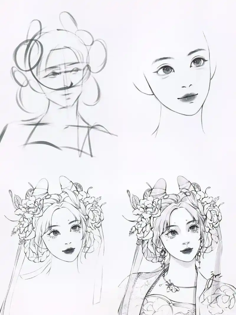 线稿古风少女绘画过程.画画真的要有耐心!