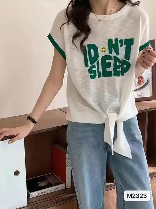 官图 韩版时尚字母撞色字母印花2024夏季新款下摆打结t恤短袖上衣