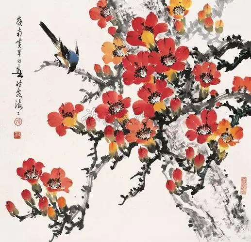 0102木棉花开镜心设色纸本