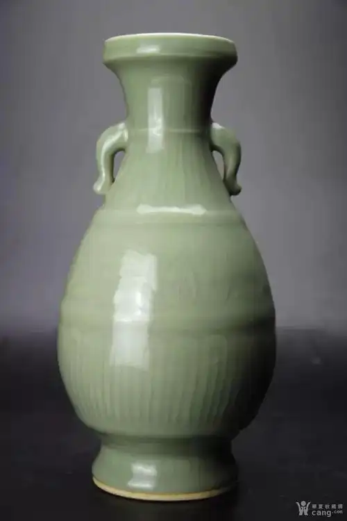 晚清民国青釉暗刻花卉纹象耳盘口瓶 古董古玩古瓷器收藏品包老