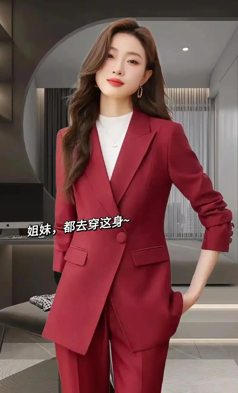 酒红色西装长袖外套女春秋新款职业装主持人气质西服套装来啦!