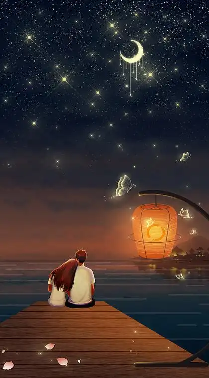 岸边依偎的情侣背影情人节插画图片下载