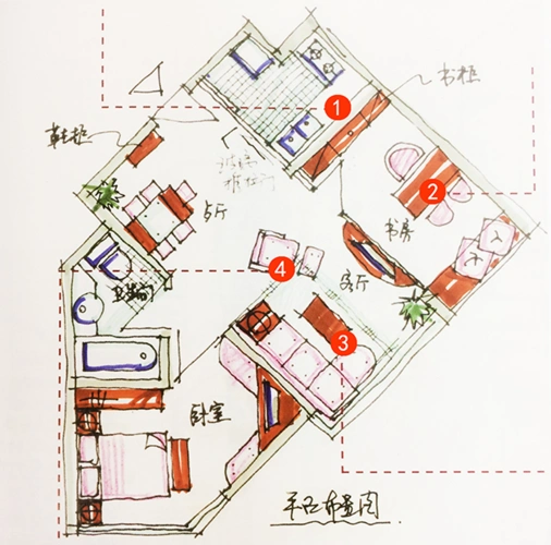 设计师调整后快速手绘的平面布置图▼