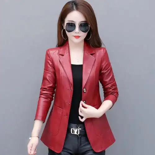 春秋新款海宁皮皮衣女短款韩版修身西装领小皮夹克大码女装外套