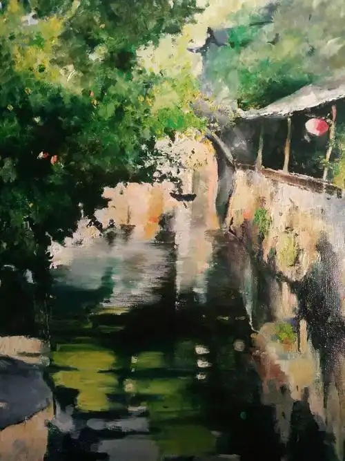 一幅油画《水乡》写生 上色 江南水乡的感觉啦