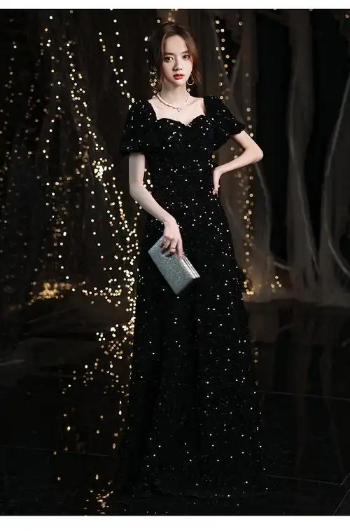 重工黑色晚礼服裙女宴会亮片轻奢小众高端主持人洋装演出赫本夏季