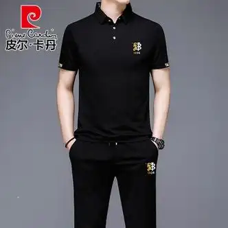 皮尔卡丹品牌男装短袖t恤套装欧货刺绣纯棉polo保罗衫薄款运动504黑色