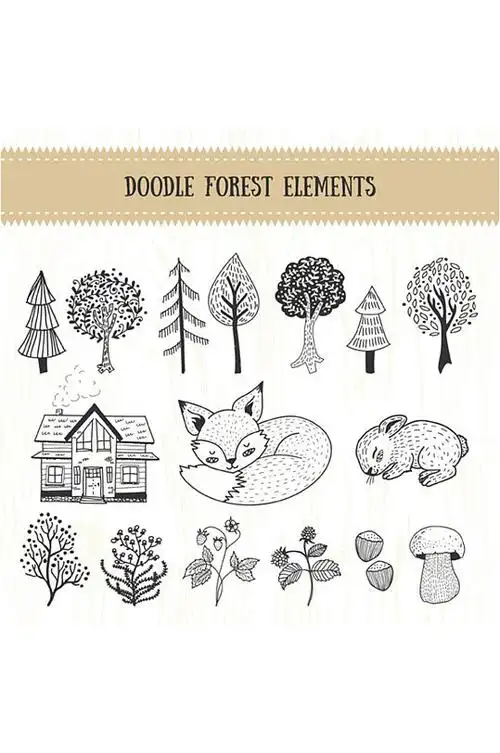 多款动物植物手绘线条元素设计