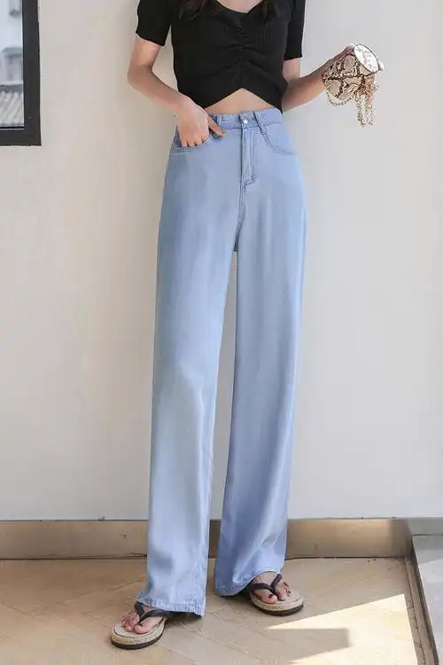 天丝牛仔裤女复古简约大阔腿牛仔2021裤宽松高腰水洗深浅长裤