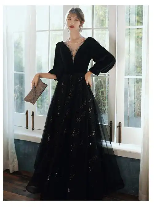 年会礼服冬季黑色新款亮片绑带长袖高级感轻奢小礼服裙宴会晚礼服