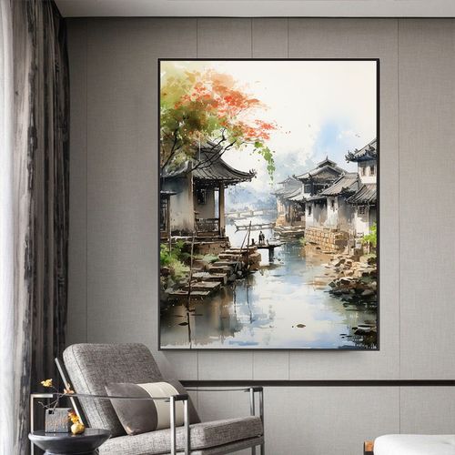 江南水乡小桥流水数字油画diy治愈系风景绘画手工客厅中式装饰画