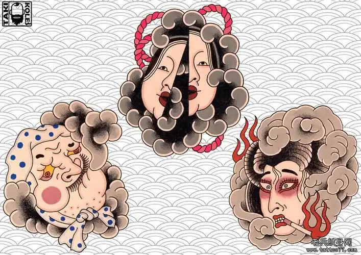 彩色传统多福火男纹身图案