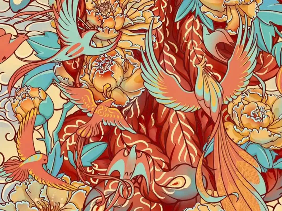 百鸟朝凤|原创插画|传统文化再创作 采用限色构成的方式进行装饰性的