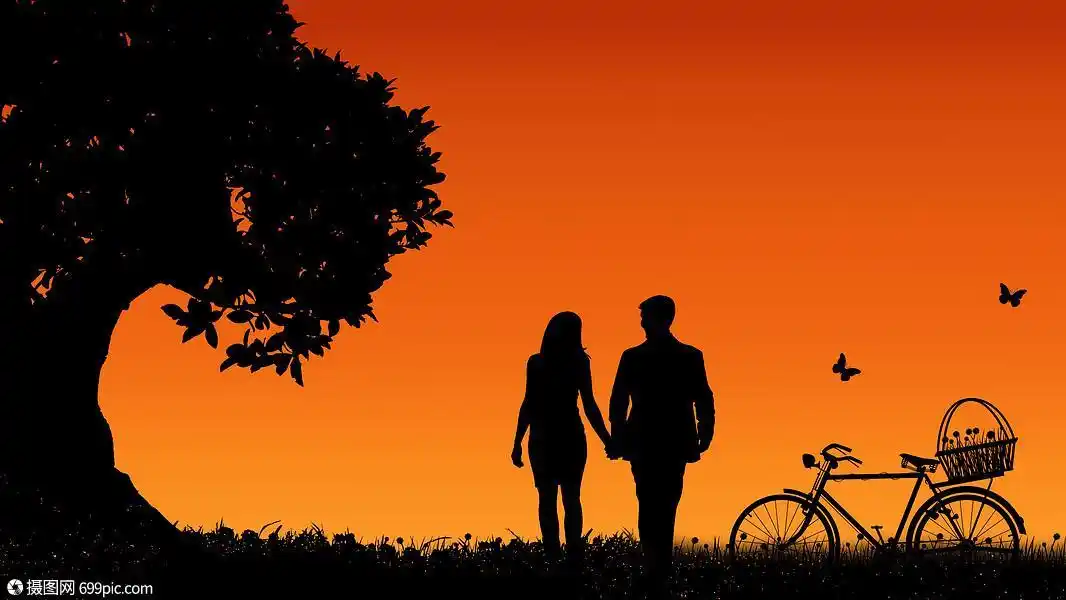 剪影-大树下的情侣与自行车浪漫唯美