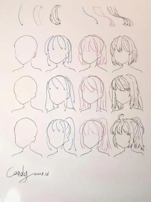 动漫人物头发临摹过程1,画个光头～2,画出头发生长方向3,顺着方向画出