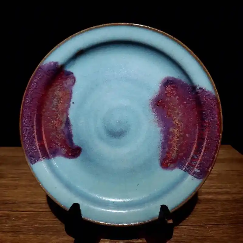 宋钧窑天蓝釉窑变紫斑纹折沿盘回流尺寸高32cm直径203cm