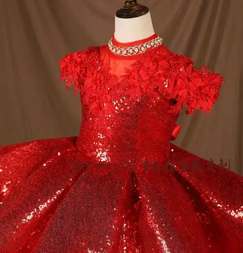 新款红色走秀礼服生日女童公主裙花童高端儿童模特主持钢琴演出服