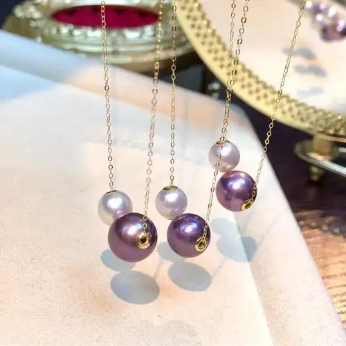 含18k金链天然珍珠项链 妖孽紫爱迪生路路通珍珠项链锁骨链无暇