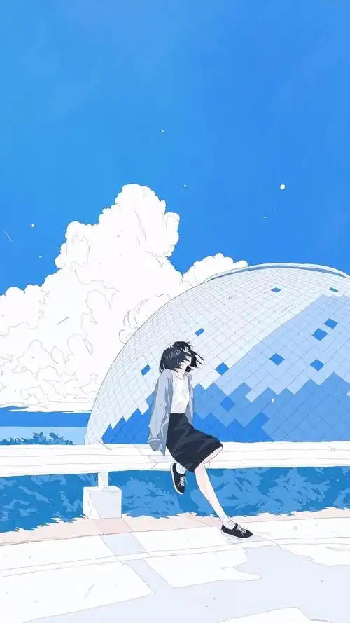 小清新蓝色系文艺少女插画手机壁纸