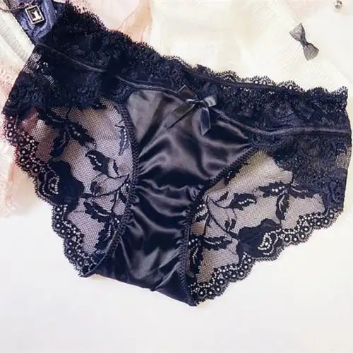 suntek3送1性感内裤女士绸缎日系中低腰镂空黑白色蕾丝三角裤冰丝裤