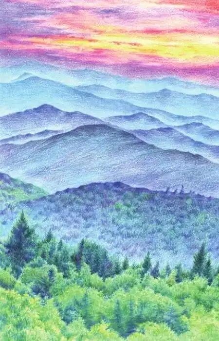 彩铅风景暮色下的武夷山