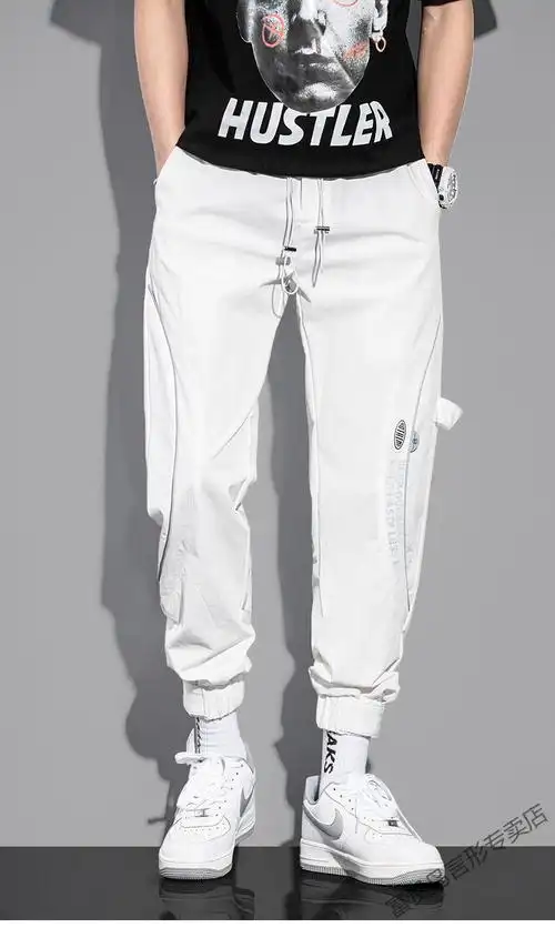 富贵鸟白色裤男宽松男生冰丝束脚韩版潮流潮牌ins春秋速干休闲裤子 gx